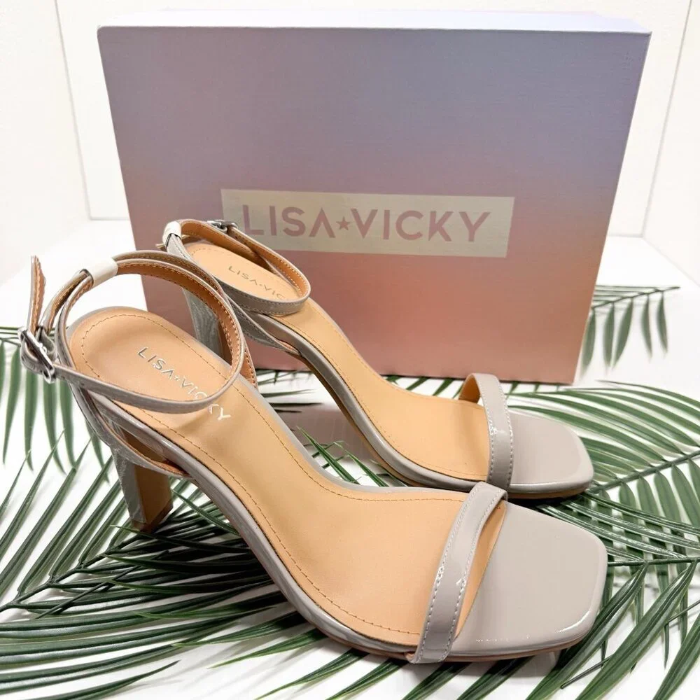 Lisa Vicky Grace Block Heel Sandals Nude Patent Sz 8.5 NWB Strappy Square Toe - Picture 12 of 12